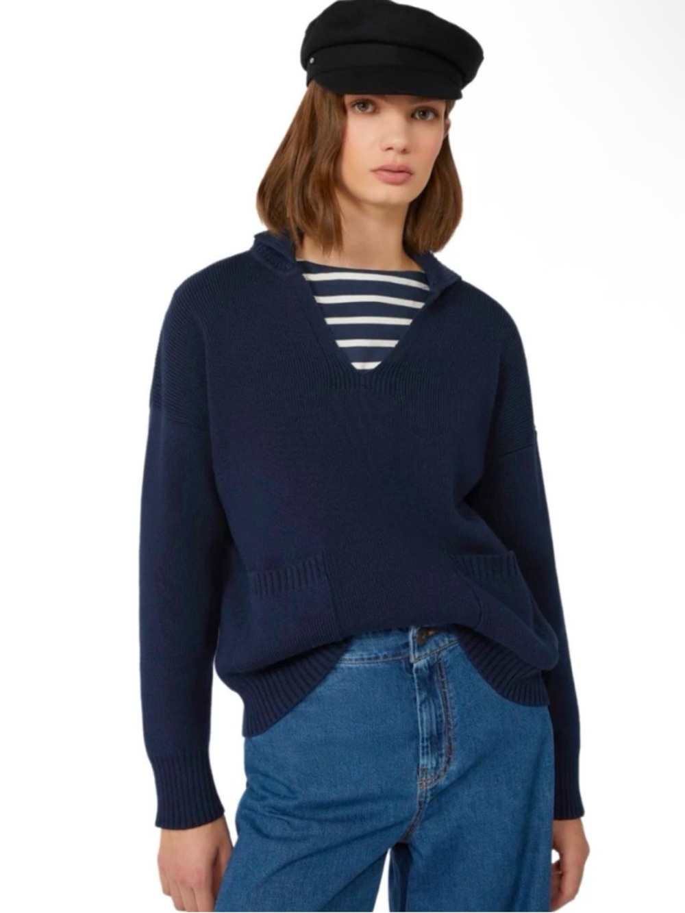 MaxMara Navy V-Neck Pocket Pullover Sweater